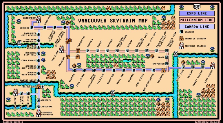 Skytrain-Map-Vancouver-Super-Mario-3-Style-2011-Large-davesgeekyideas Mario Bors 3 Skytrain Map Vancouver NES Nintendo Expo Millennium Line Canada Line 2011 2012