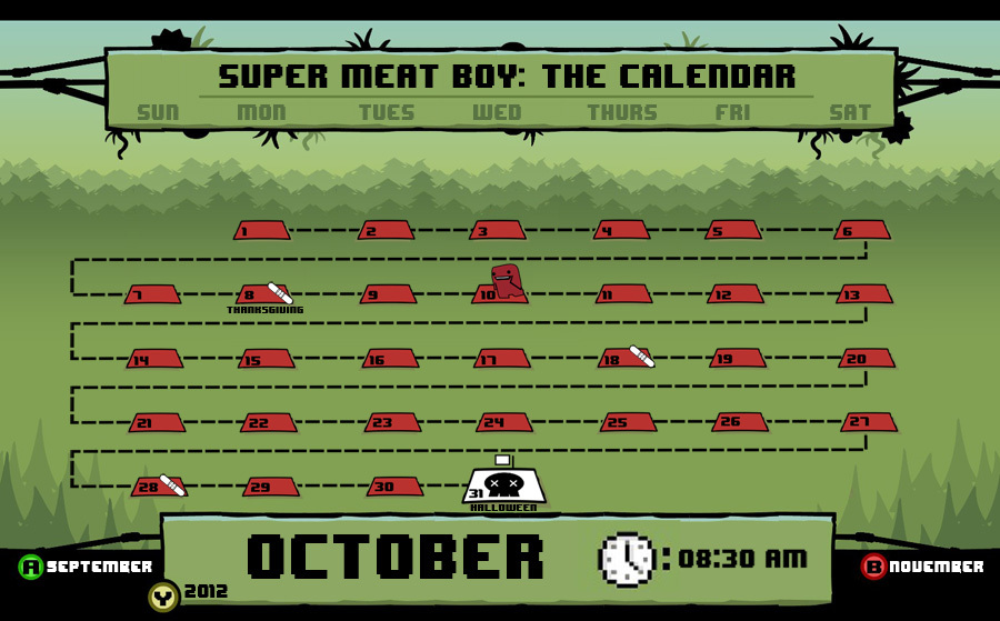 Super-Meat-Boy-Calendar-Interactive-2012-Fan-Art-Dave-Delisle-davesgeekyideas Super Meat Boy Calendar 2012 2013 Dave Delisle davesgeekyideas.com